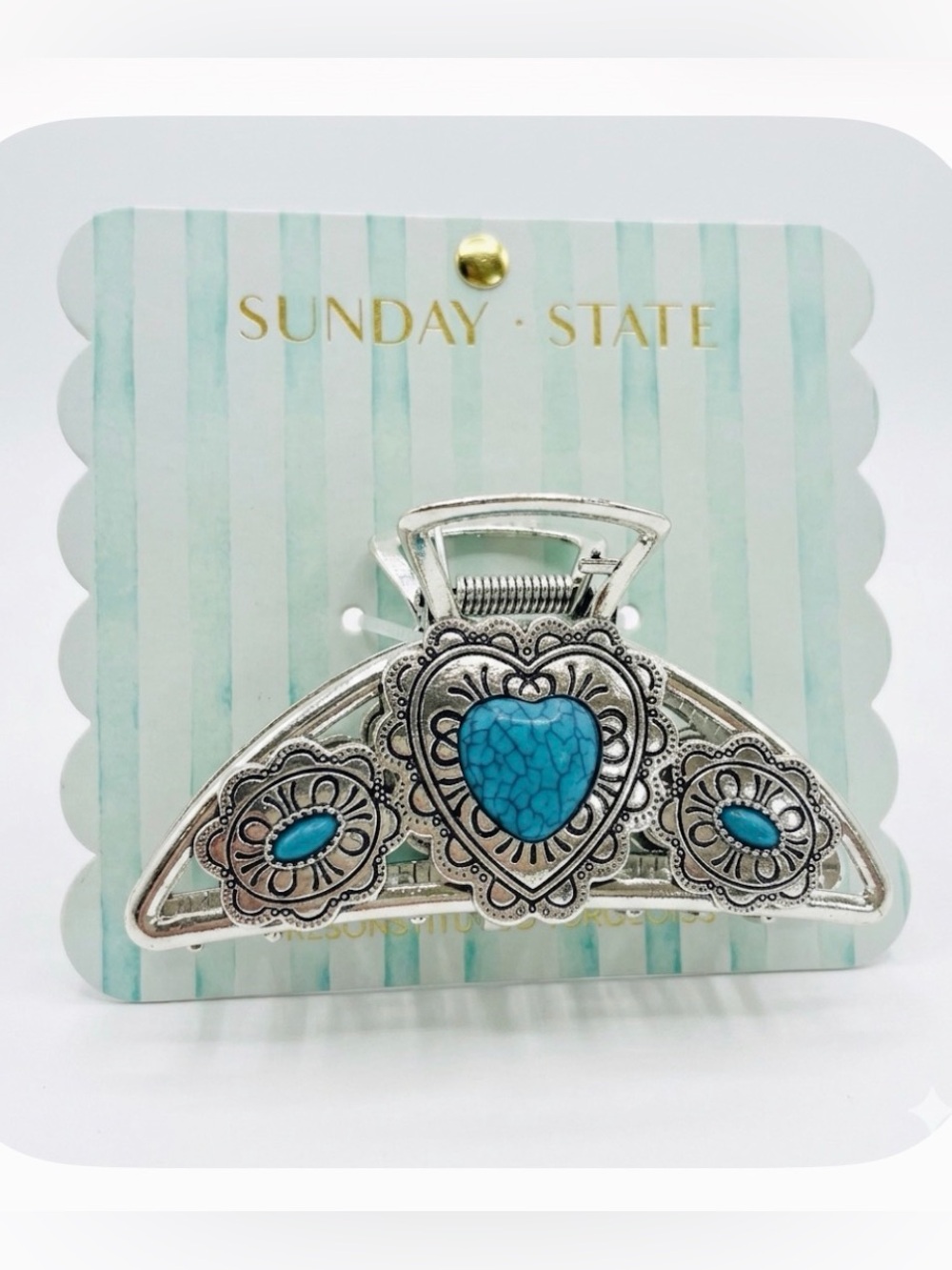 NWT ⚜️🩵⚜️ Sunday State Turquoise Heart Stone Silver Toned Metal Hair Claw Clip